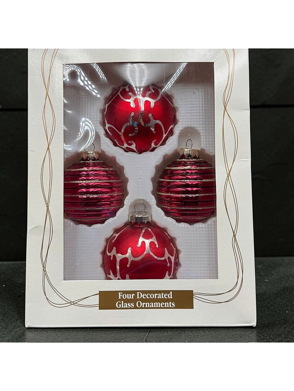 Vintage Glass Christmas Ornaments Set of 4 Red Silver Glitter Balls Boxed